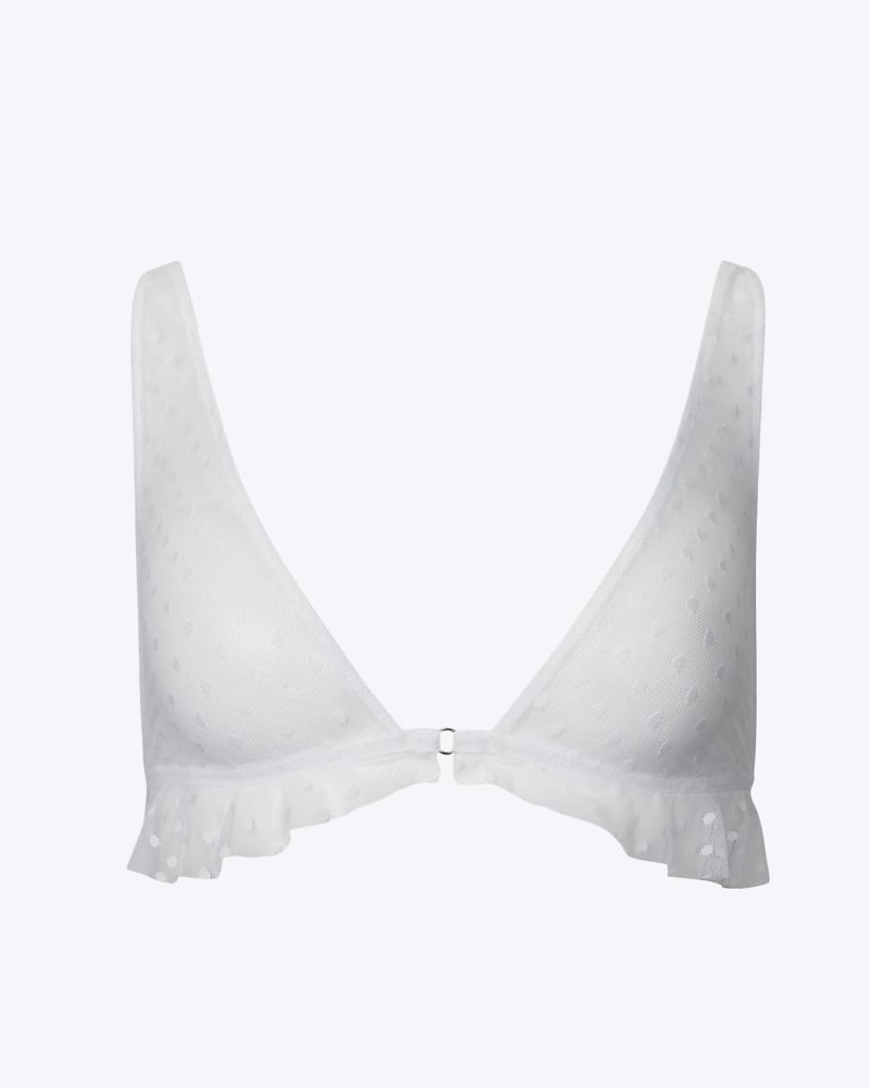 Front of a size L Coucou Lola Side Ruffle Bralette in White in White by ONLY HEARTS. | dia_product_style_image_id:334403